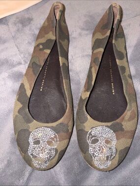 Authentic Giuseppe Zanotti Camo Green Crystal Skull Ballet Flats